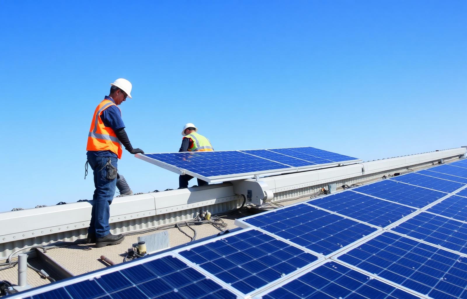 Engineers installing rooftop solar panels