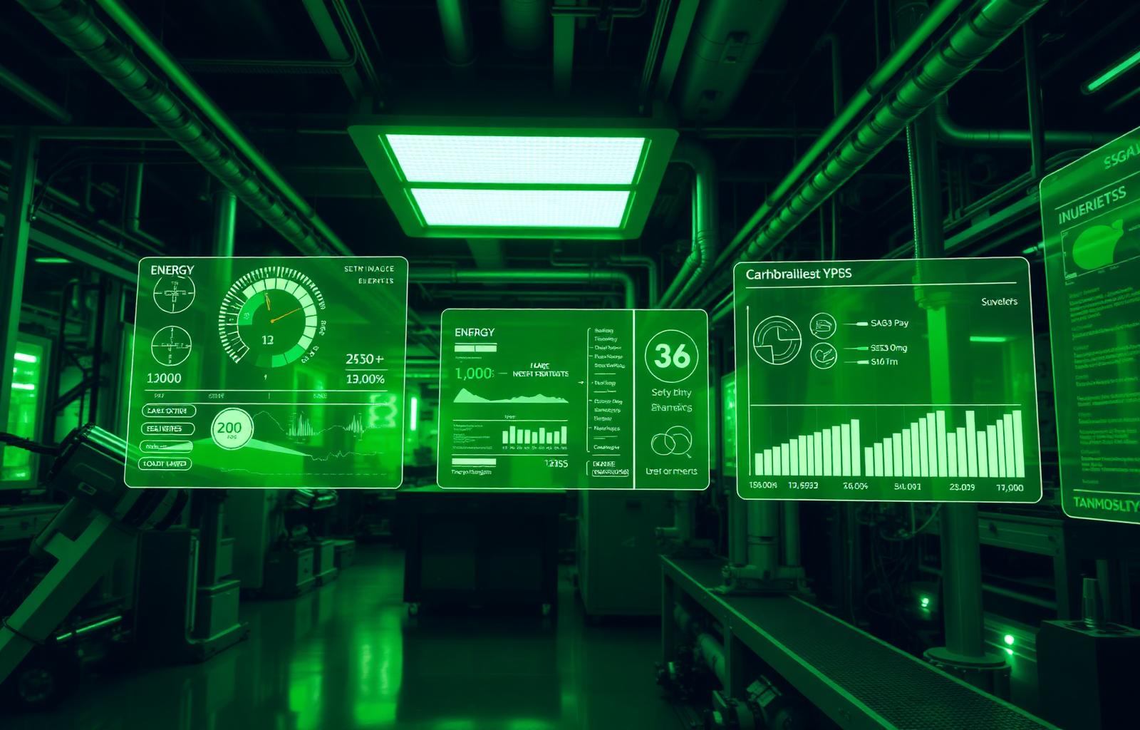 Smart factory with sustainability HUD overlays
