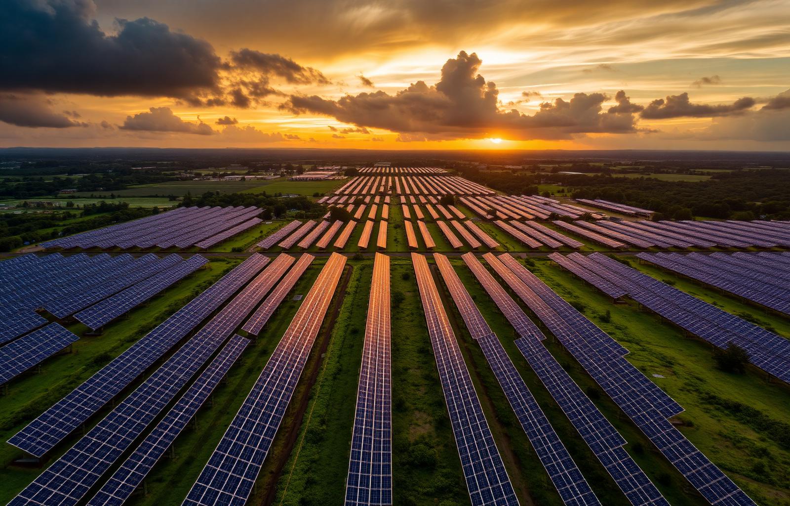 Commercial solar farm at sunset
